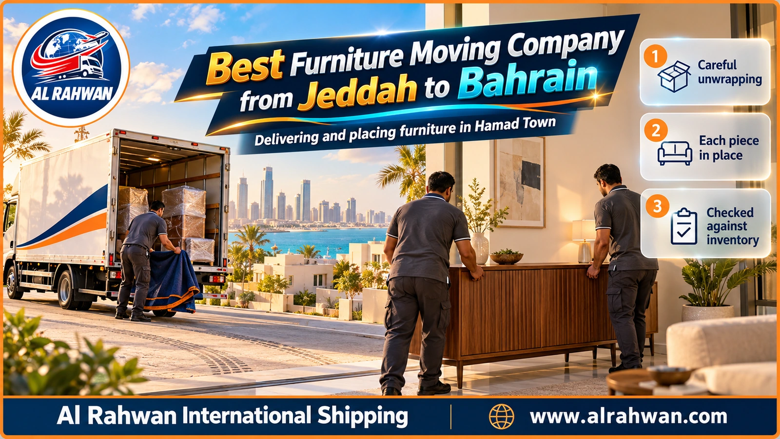 Best furniture moving company from Jeddah to Bahrain - a crew carrying wrapped furniture from a closed truck into a house in Hamad Town