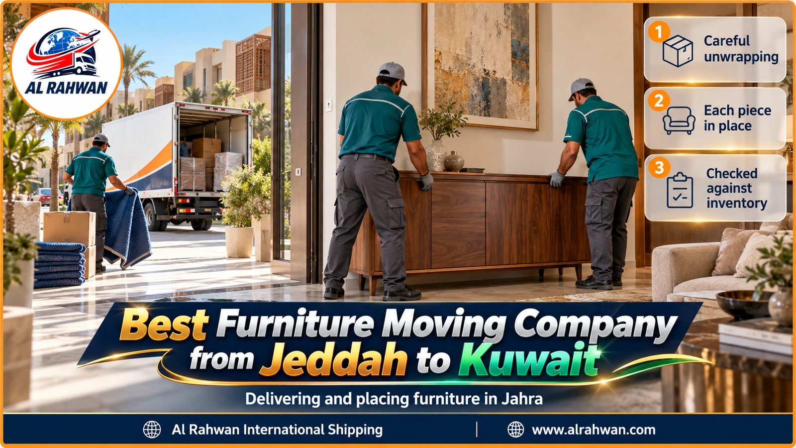 Best furniture moving company from Jeddah to Kuwait - two movers setting an unwrapped walnut sideboard in the living room of a Jahra home