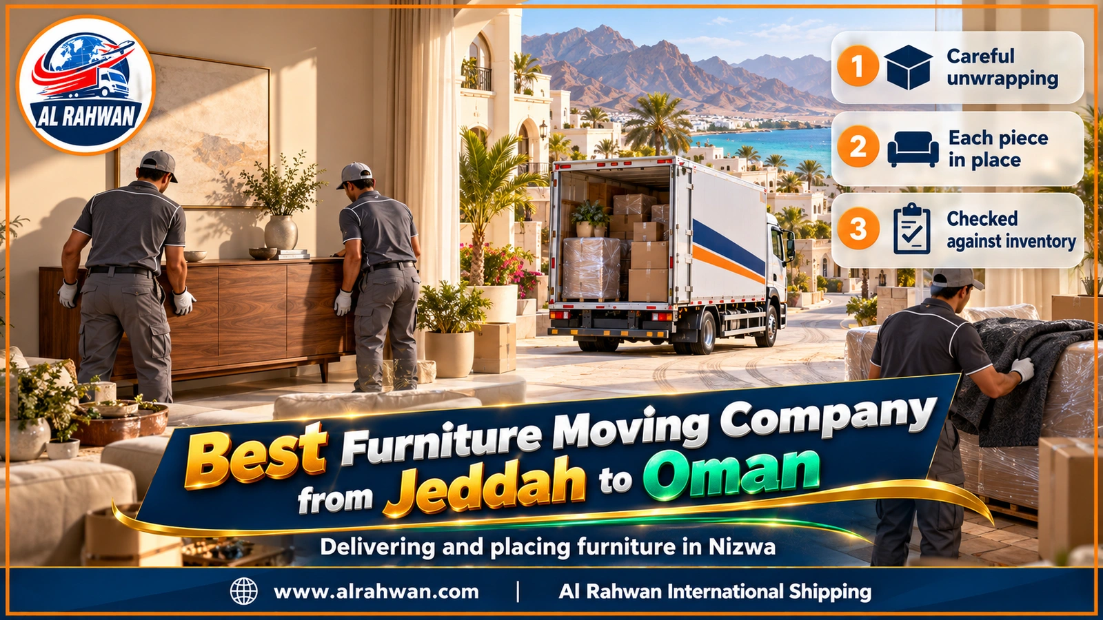 best furniture moving company from Jeddah to Oman - movers carrying a wrapped wooden sideboard from a closed truck into a house in Nizwa