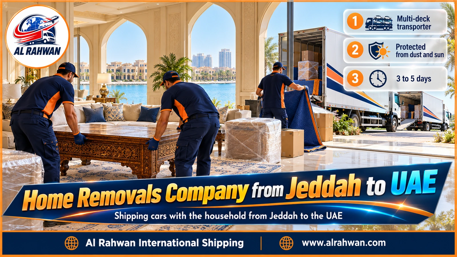 Crew assembling a majlis and dining table in a Sharjah apartment after furniture moving from Riyadh