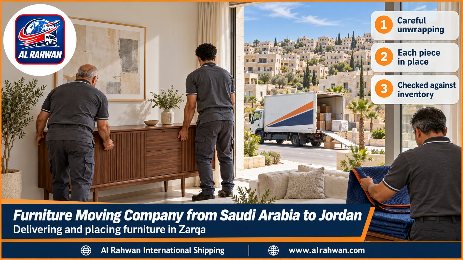 Furniture Moving Company from Saudi Arabia to Jordan - a team opening a wooden crate and placing a marble table in its spot in a living room in Zarqa