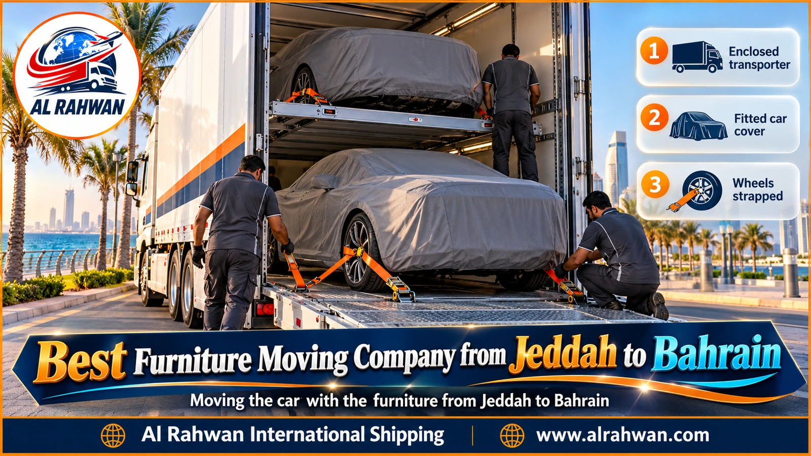 Best furniture moving company from Jeddah to Bahrain - covered, strapped cars on a long multi-deck carrier leaving Jeddah