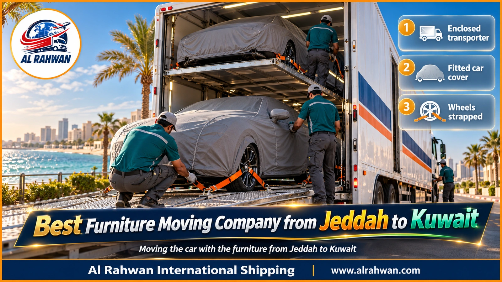 Best furniture moving company from Jeddah to Kuwait - luxury car under a fitted grey cover strapped inside an enclosed car transporter
