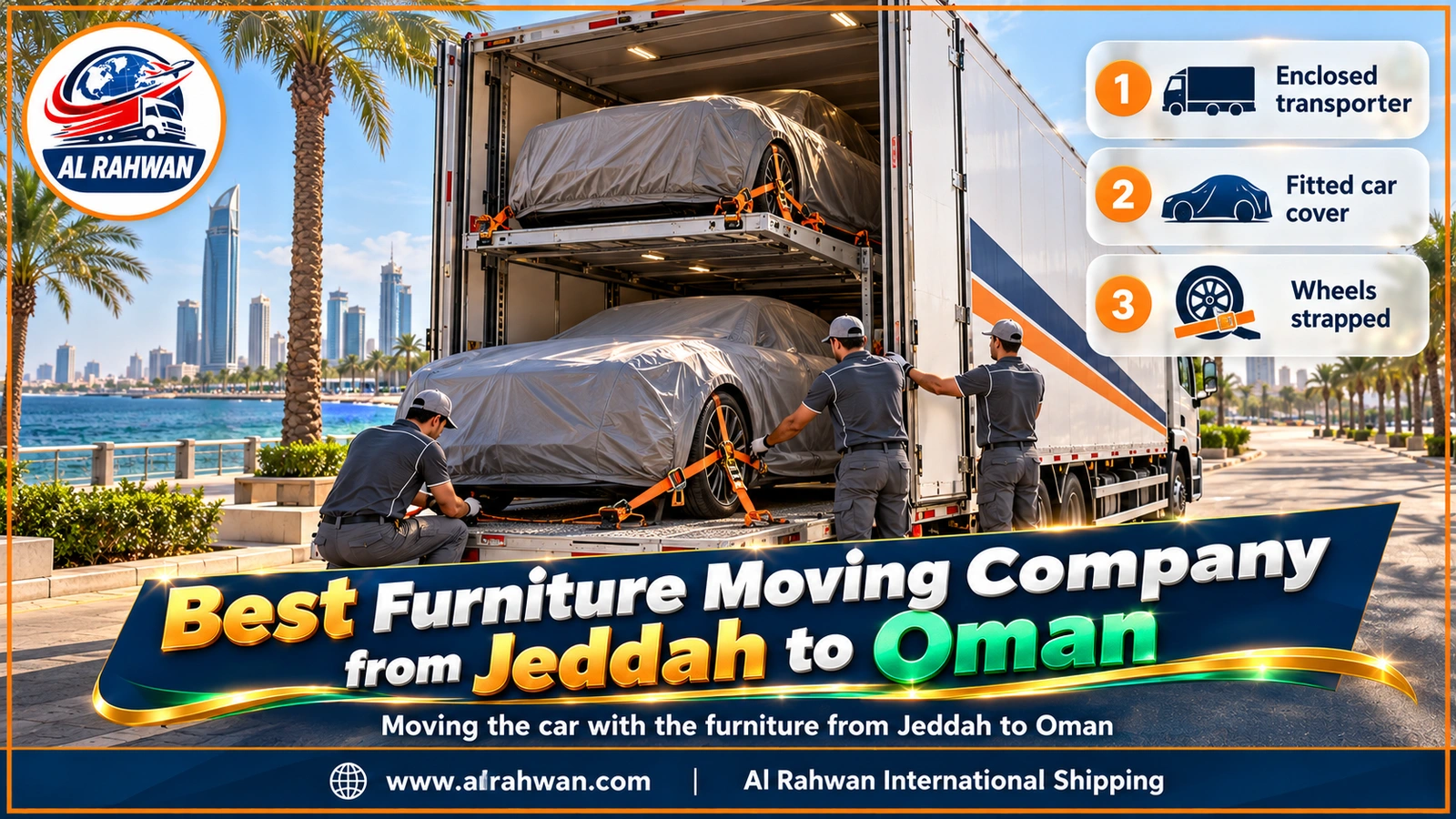 best furniture moving company from Jeddah to Oman - a two-deck car carrier loaded with covered, strapped cars on a highway outside Jeddah