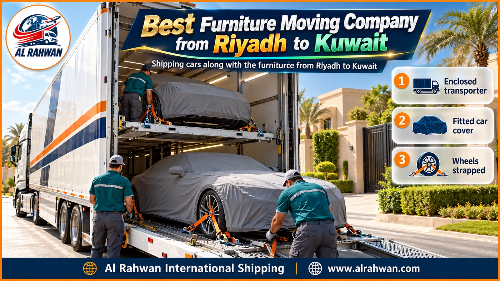 Best furniture moving company from Riyadh to Kuwait - covered cars on a multi-deck transporter