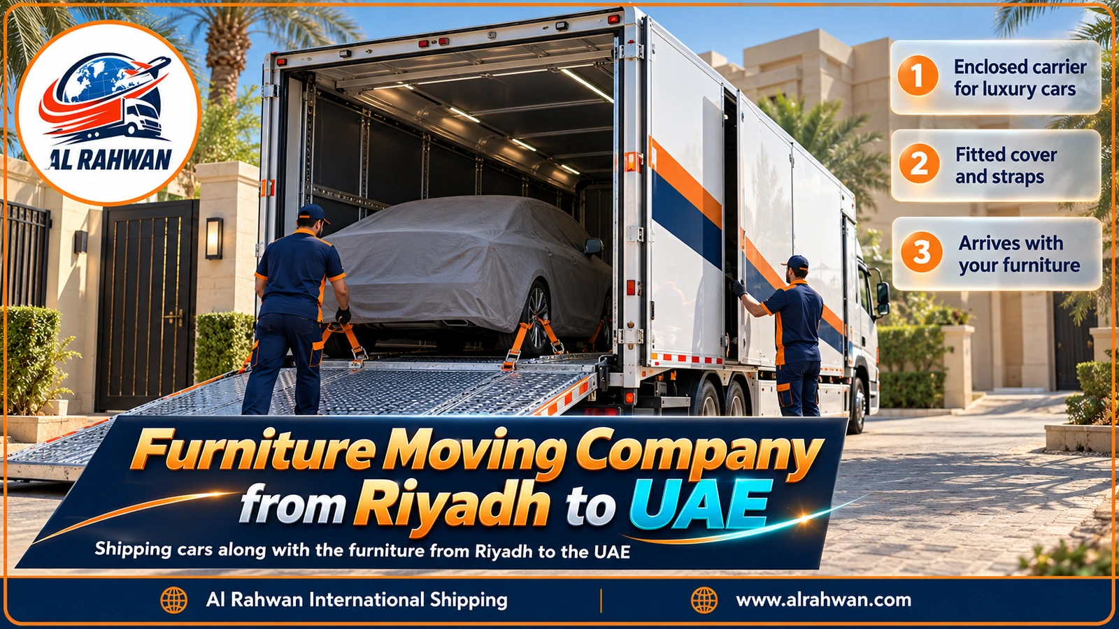 Multi-deck car transporter carrying covered, strapped cars from Riyadh to the UAE