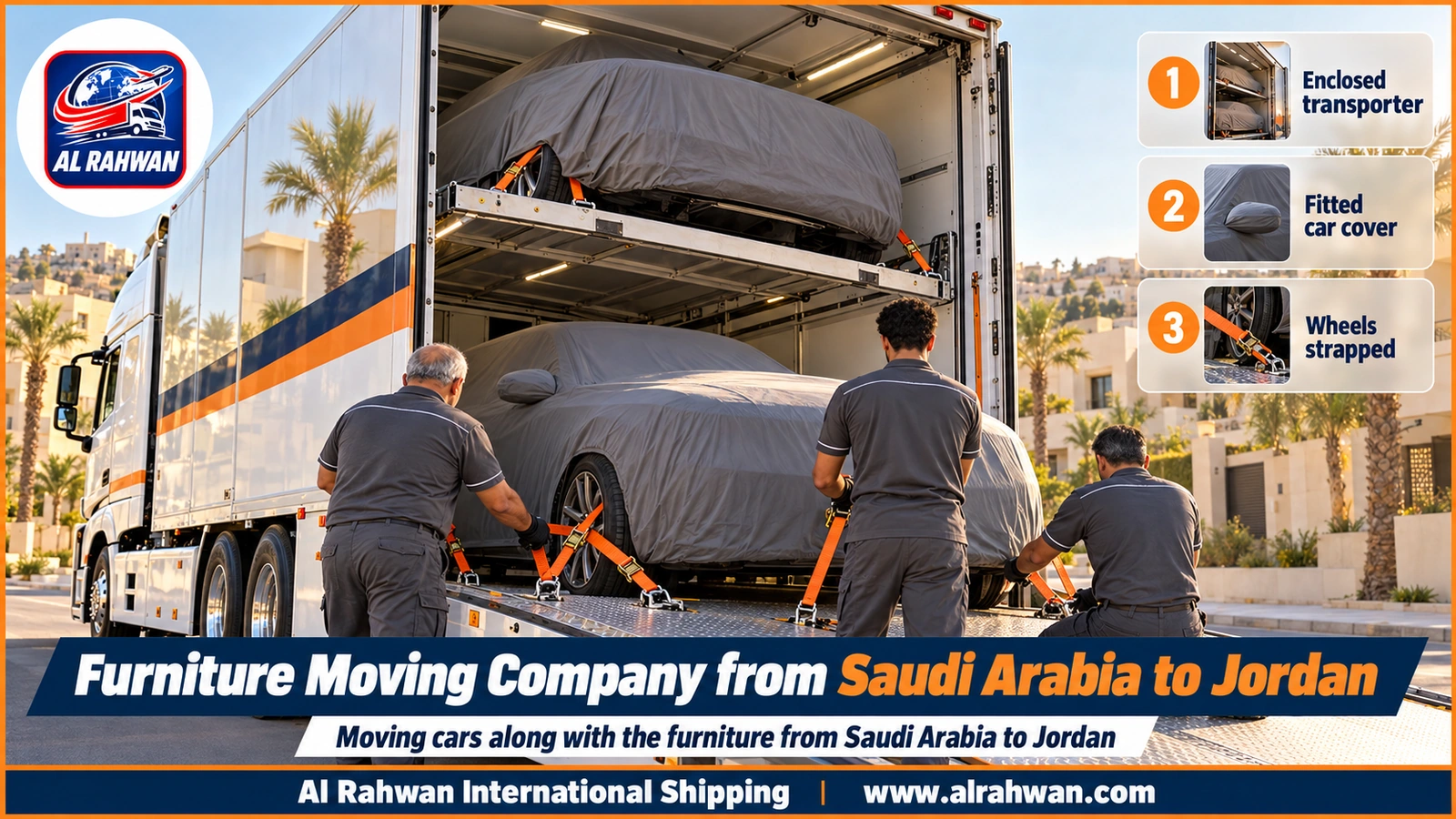 Furniture Moving Company from Saudi Arabia to Jordan - a covered car carrier next to a closed truck being loaded with wooden crates in a shipping yard