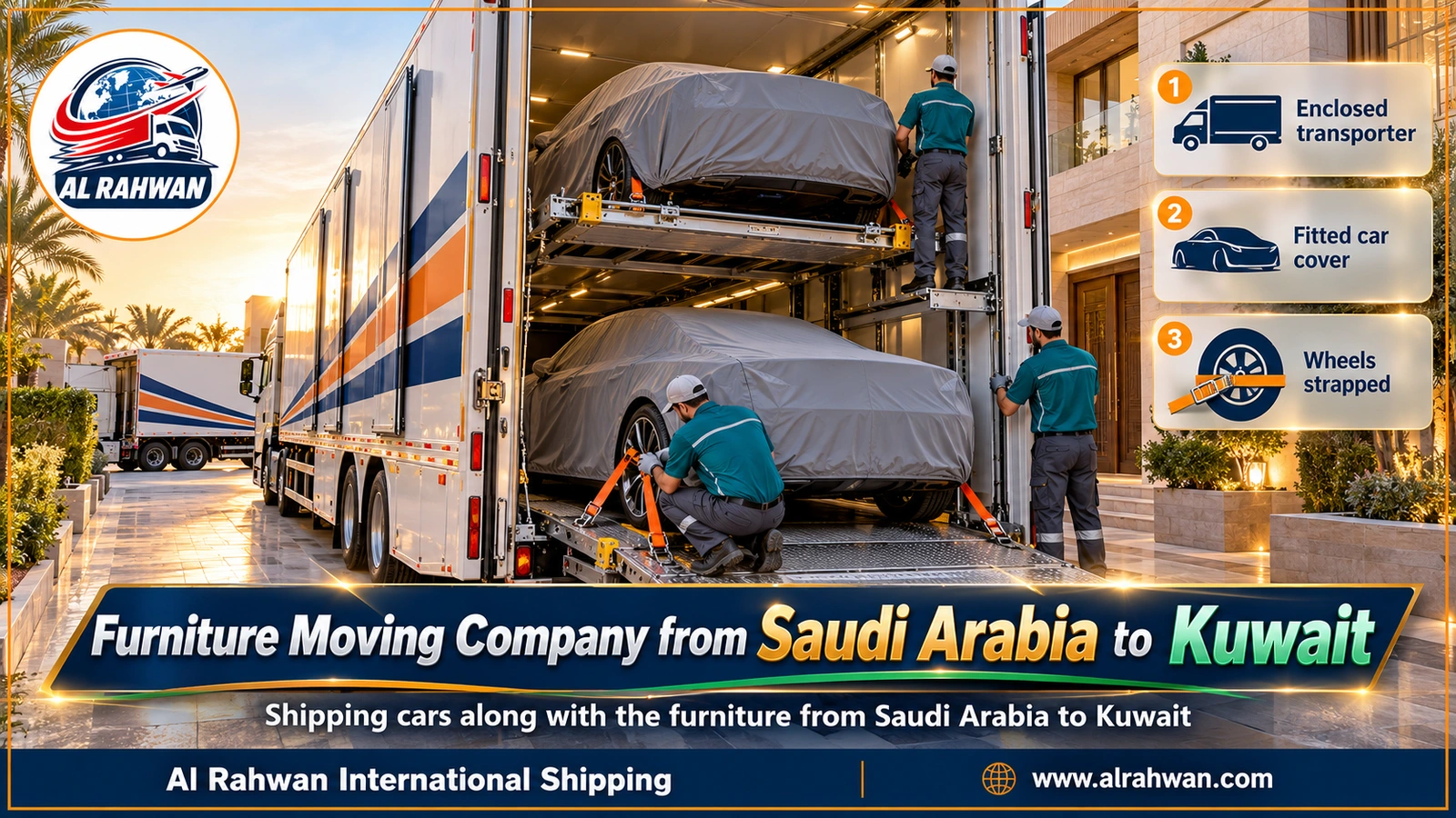 White enclosed car carrier with a navy-and-orange stripe holding a luxury car under a fitted cover, strapped on the lower deck, outside a Saudi home before shipping to Kuwait
