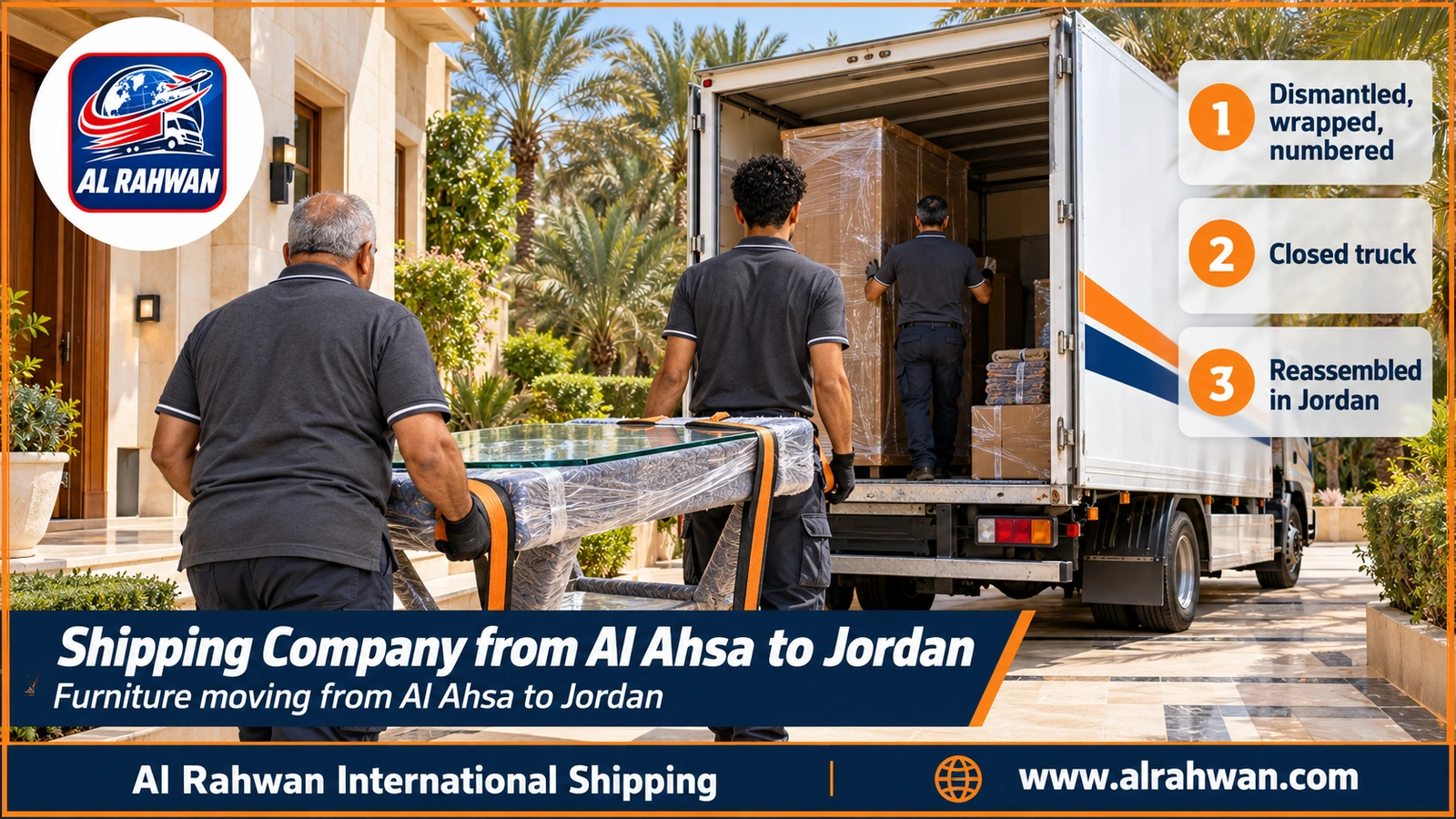 Shipping Company from Al Ahsa to Jordan - a removal crew wrapping a bedroom wardrobe and numbering its panels inside a Hofuf home before the move to Jordan