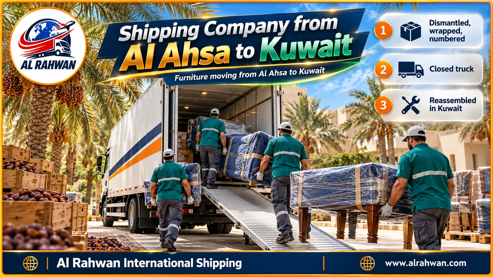 Crew of a shipping company from Al Ahsa to Kuwait carrying a wrapped wardrobe out of a Hofuf house