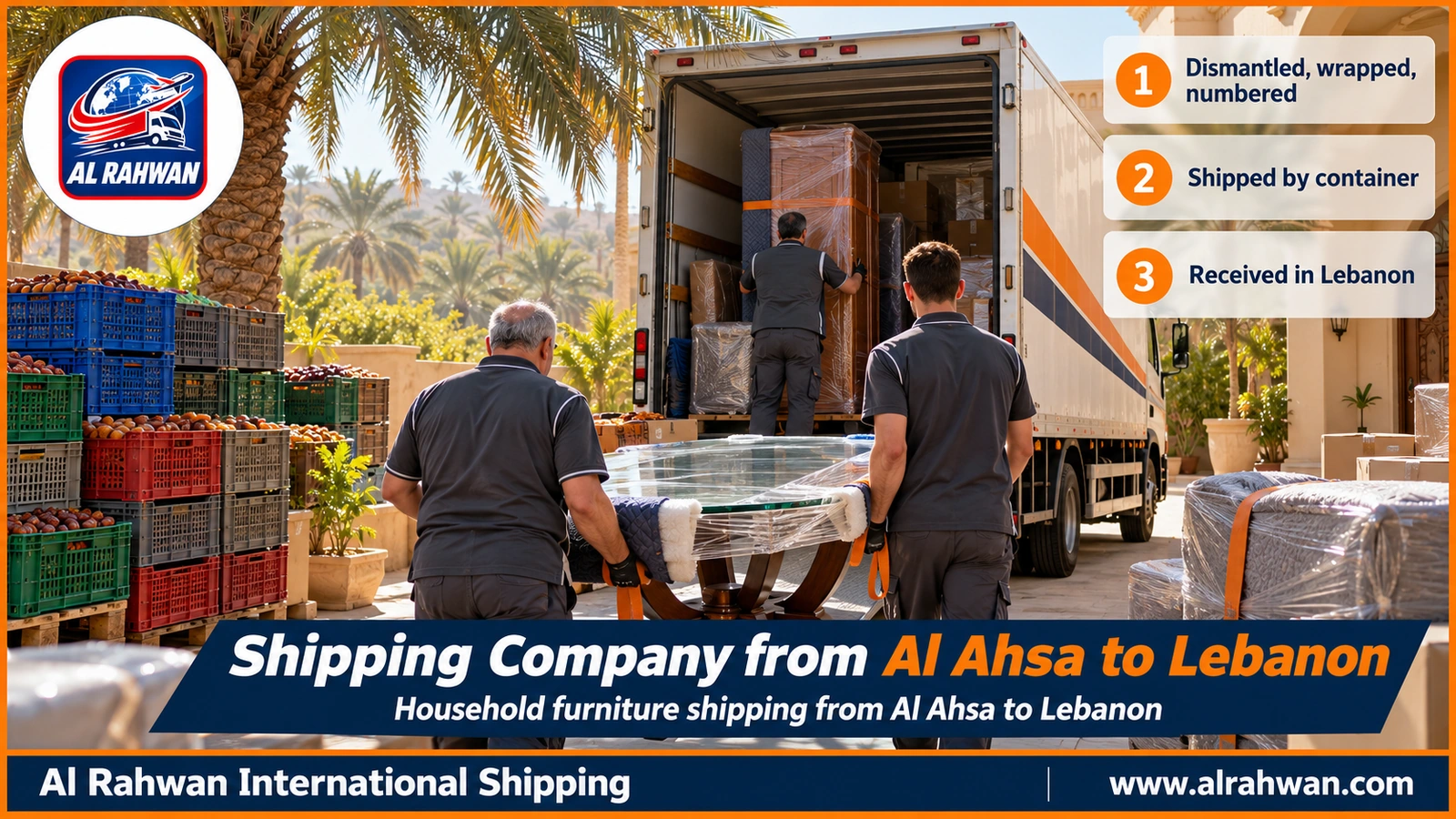 Shipping Company from Al Ahsa to Lebanon - workers wrapping a sofa and household furniture inside a moving truck in Al Ahsa before transport to Jeddah port