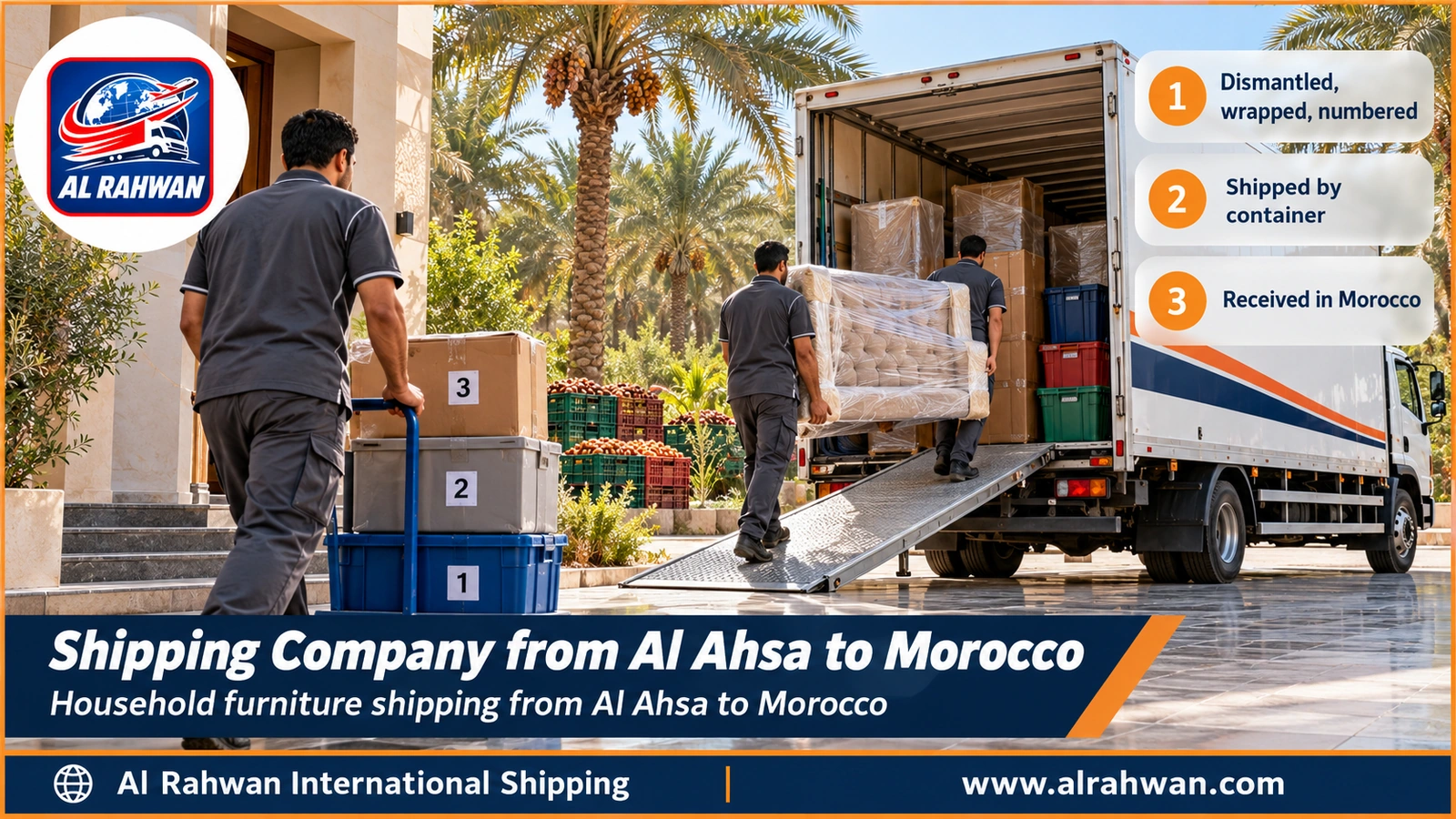 Shipping Company from Al Ahsa to Morocco - workers wrapping household furniture inside a moving truck in Al Ahsa before loading to Jeddah port