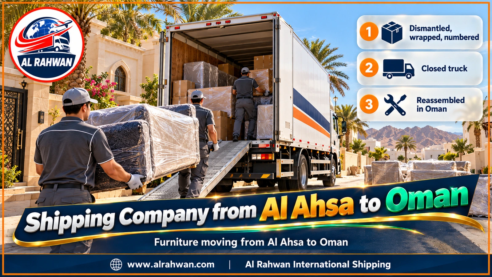Shipping Company from Al Ahsa to Oman - workers wrapping a majlis sofa and stacking wrapped furniture inside a removal truck outside a house in Al Ahsa before the move to Oman