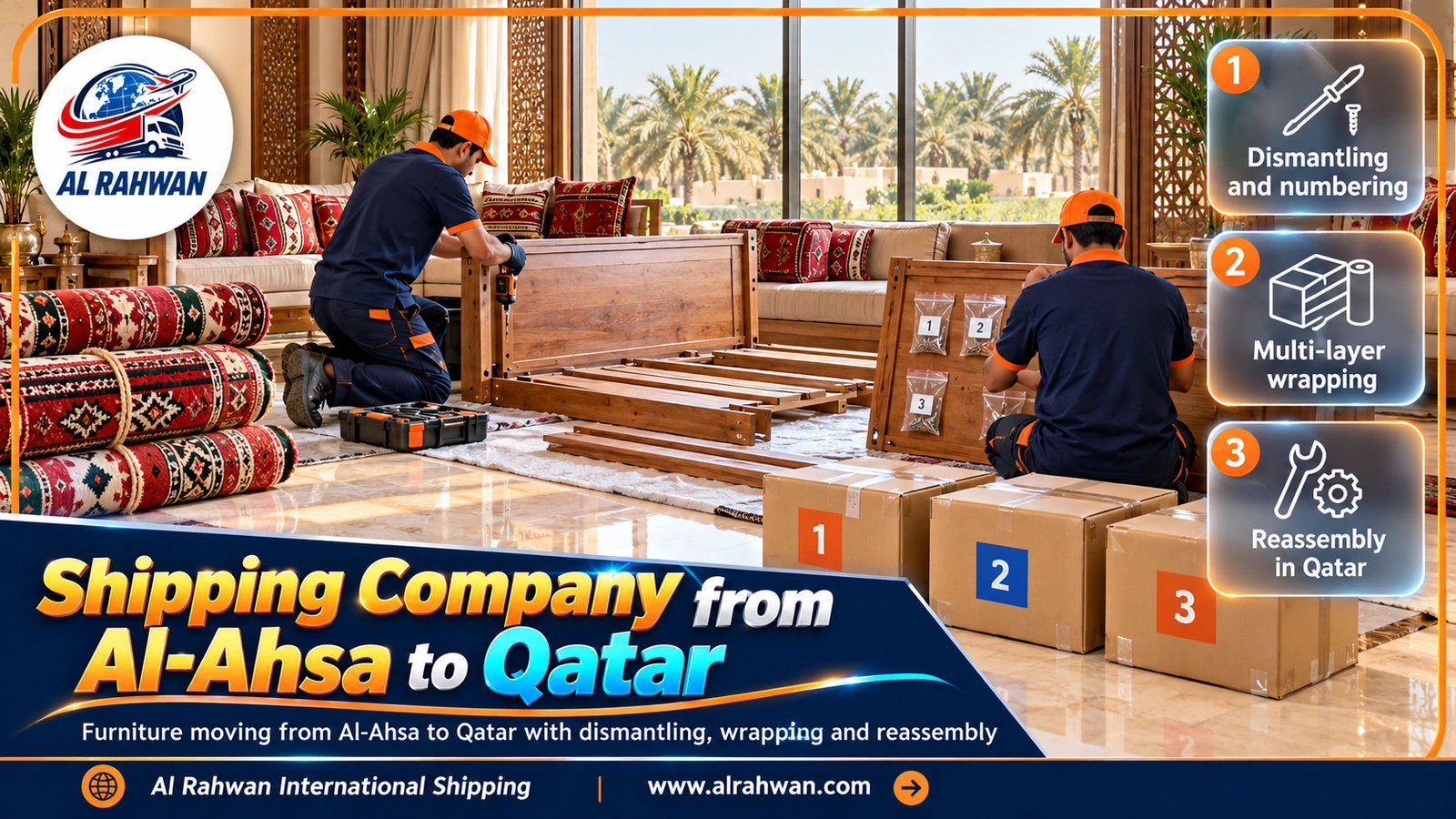 Shipping company from Al-Ahsa to Qatar - dismantling and wrapping furniture