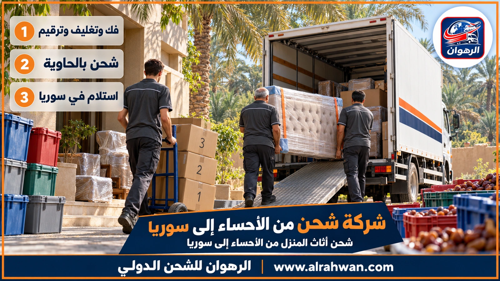 شركة شحن من الأحساء إلى سوريا - عمال يغلفون كنبة وأثاث منزل داخل شاحنة نقل في الأحساء قبل نقلها إلى ميناء جدة