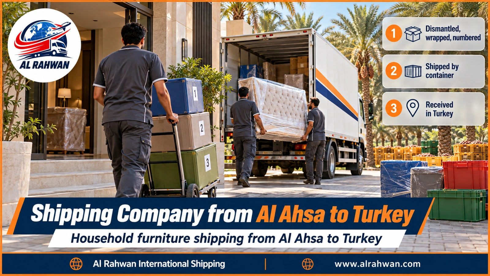 Shipping Company from Al Ahsa to Turkey - a moving team wraps and numbers bedroom furniture inside a home in Hofuf before transporting it to Jeddah port