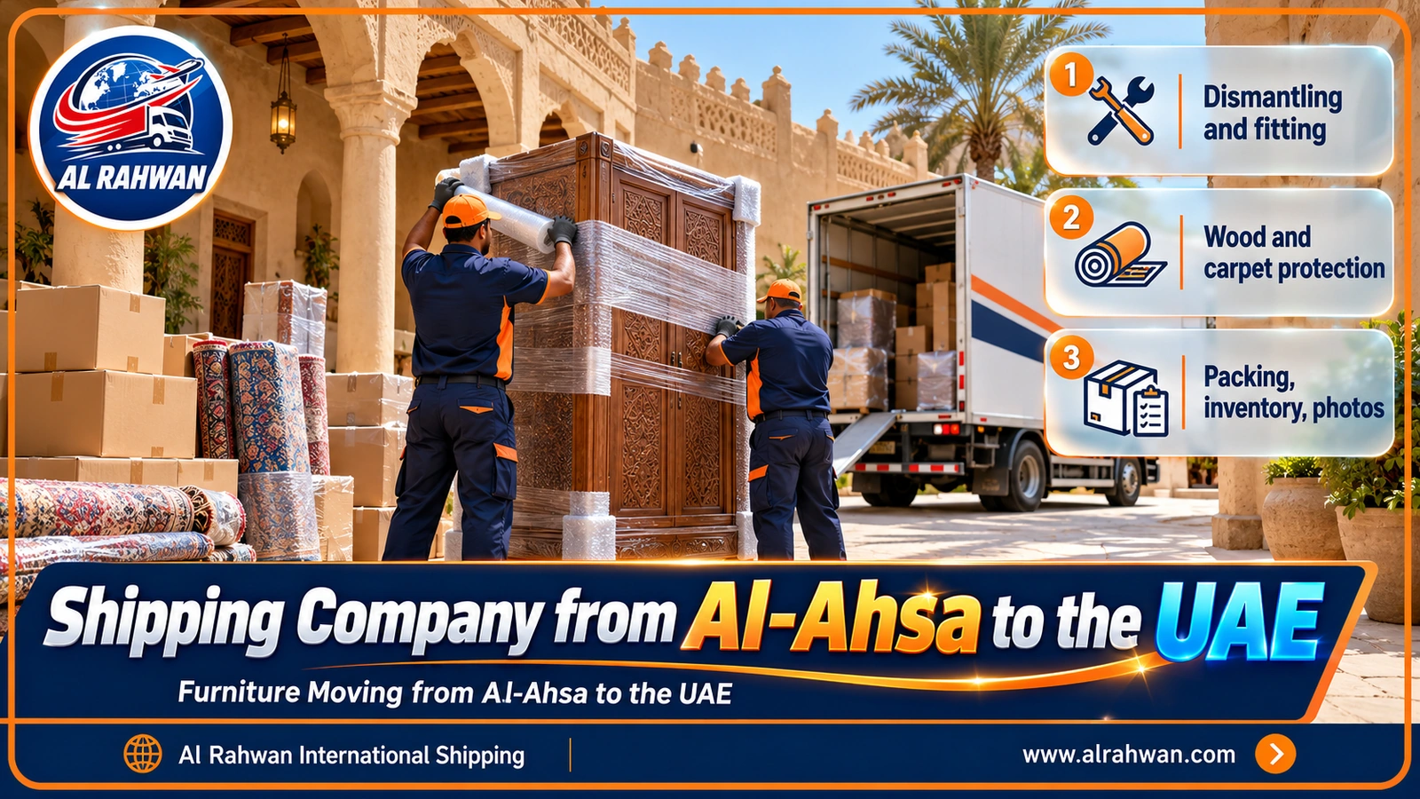Furniture being wrapped in a spacious house in Al-Ahsa before shipping to the UAE