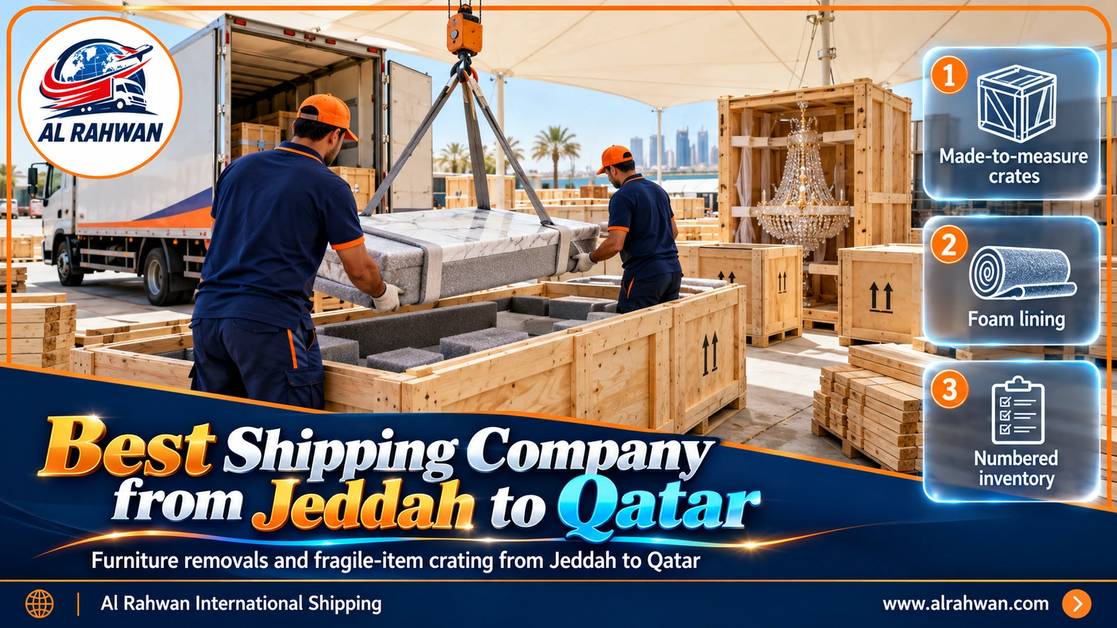 Building a wooden crate for a fragile piece with the best shipping company from Jeddah to Qatar