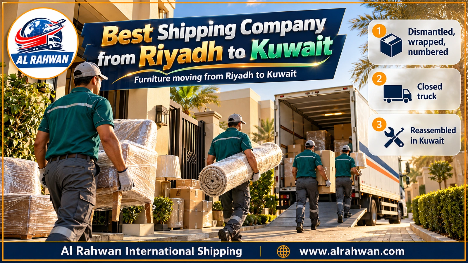 Best shipping company from Riyadh to Kuwait - wrapped chairs, a rolled carpet and boxed lamps in the hallway of a home in a Riyadh compound
