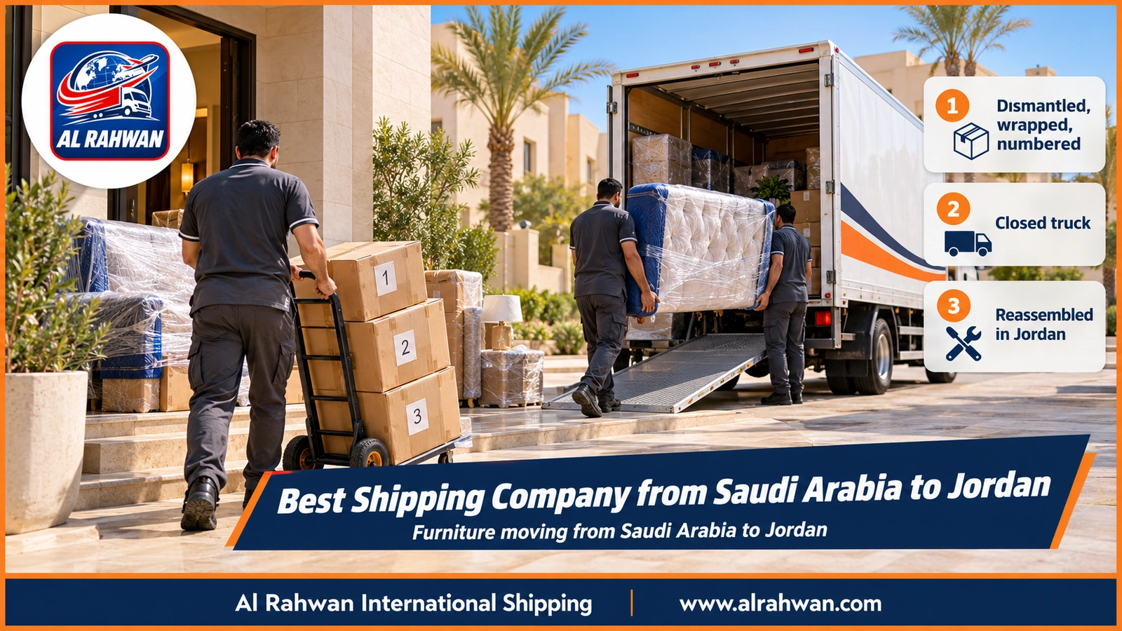 Best Shipping Company from Saudi Arabia to Jordan - a moving crew wrapping a wooden wardrobe in blankets and carrying it to the enclosed truck