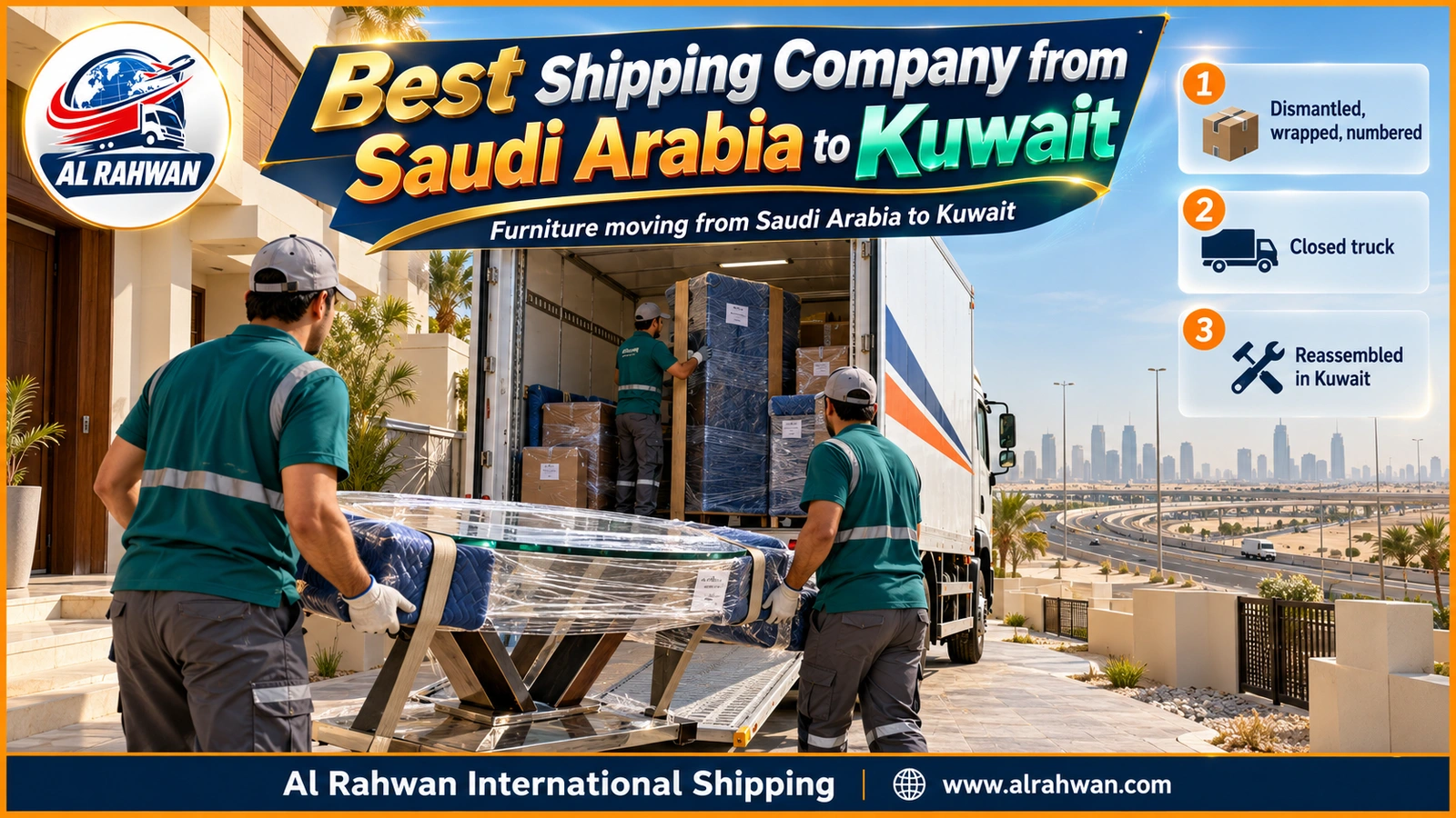 Crew of the best shipping company from Saudi Arabia to Kuwait wrapping sofas and wardrobes in a family home before the move