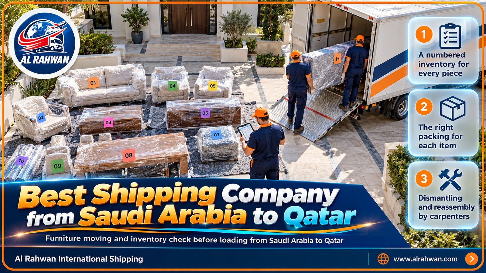 Best shipping company from Saudi Arabia to Qatar checking and numbering wrapped furniture before loading