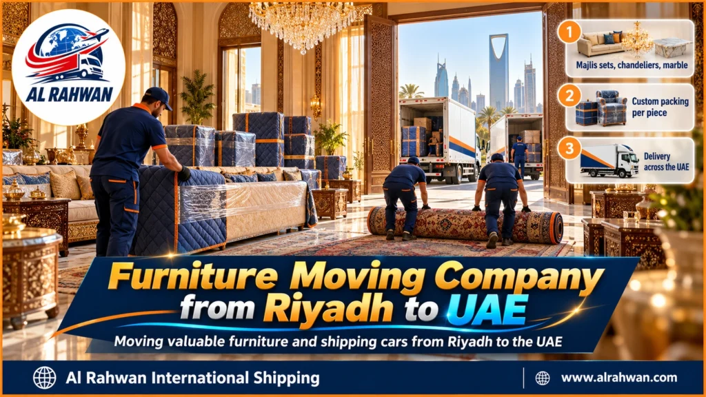 Furniture Moving Company from Riyadh to UAE | 0568829975 ◈ Heavy Pieces and Antiques with Custom Packing and Car Shipping to Abu Dhabi