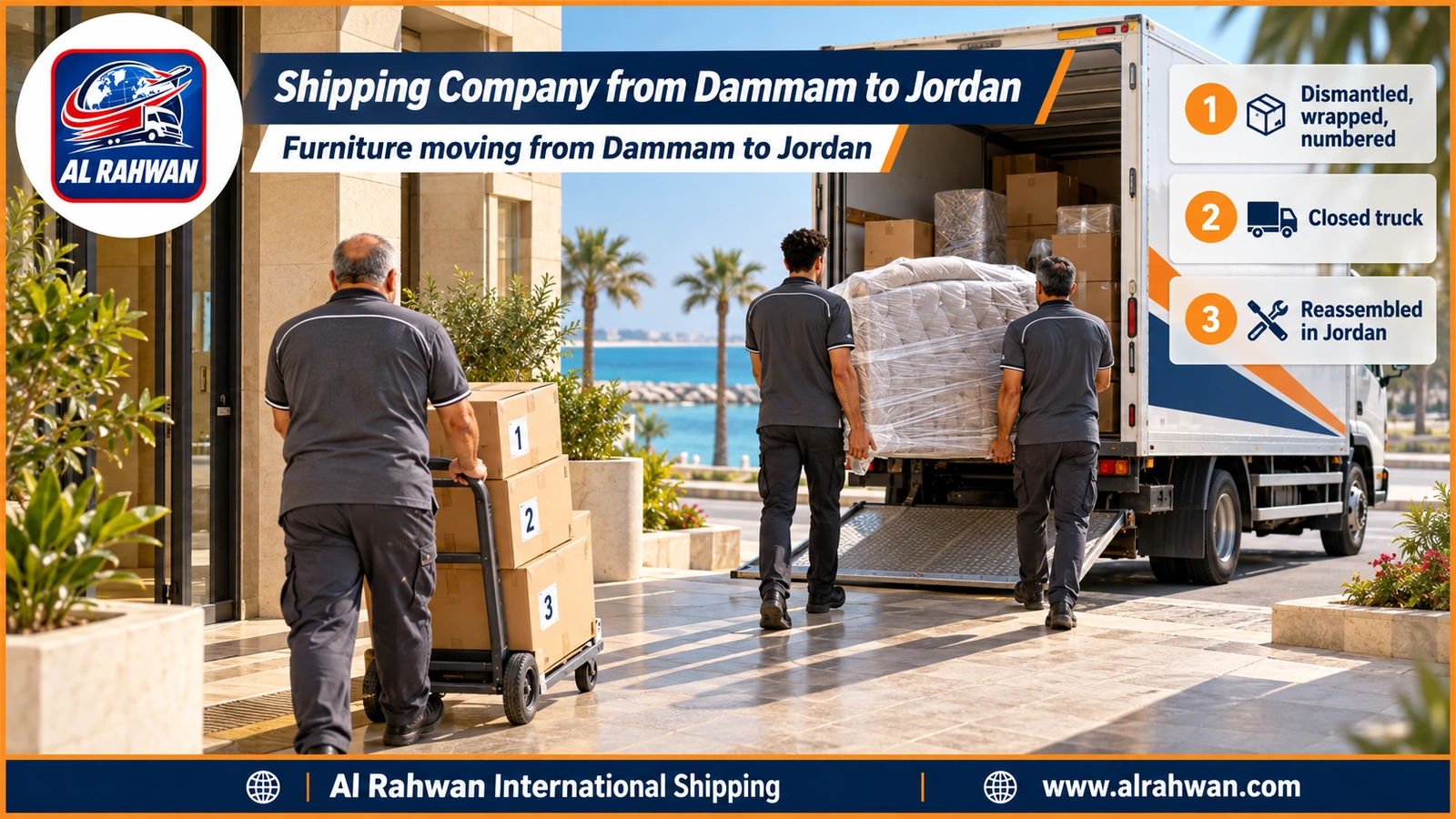 Shipping Company from Dammam to Jordan - a removal crew wrapping a bedroom wardrobe and numbering its panels inside a Khobar flat before the move to Jordan