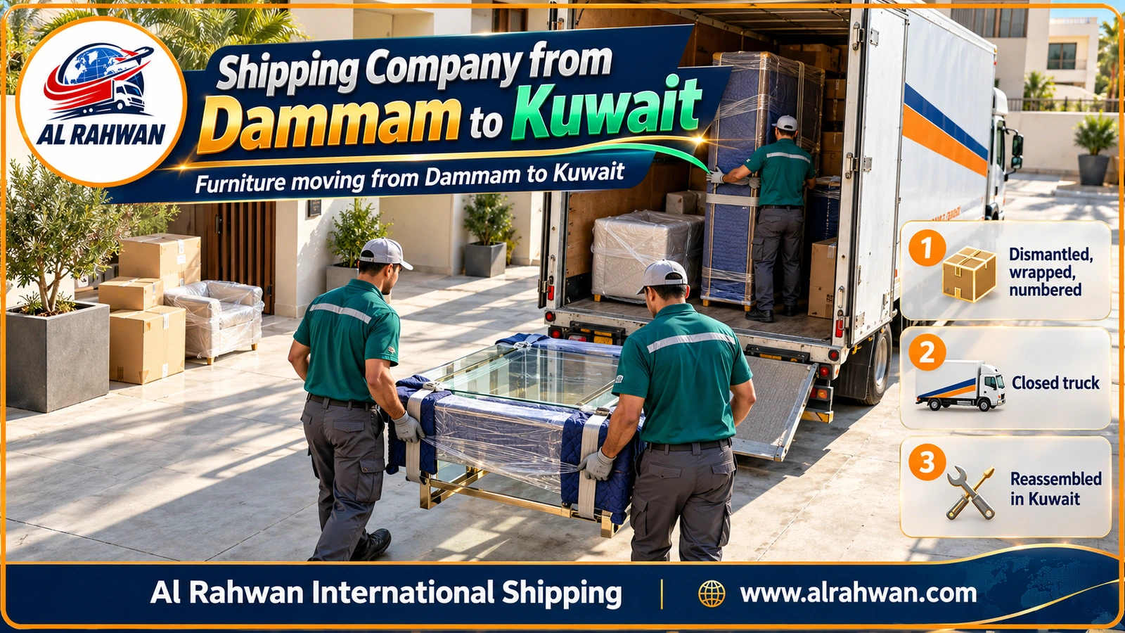 Crew of a shipping company from Dammam to Kuwait carrying a wrapped sofa from a Khobar villa to the truck