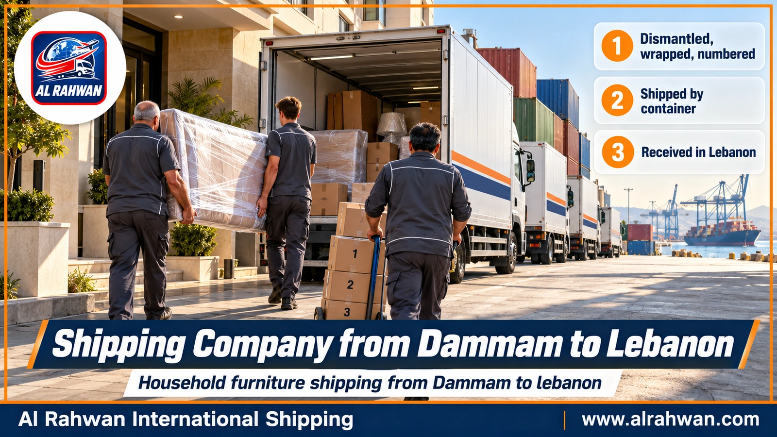 Shipping Company from Dammam to Lebanon - workers wrapping a sofa and household furniture inside a moving truck in Dammam before transport to Jeddah port