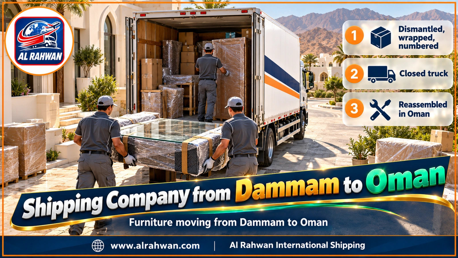 Shipping Company from Dammam to Oman - a removal crew wrapping a bedroom wardrobe and numbering its panels inside a Khobar flat before the move to Oman