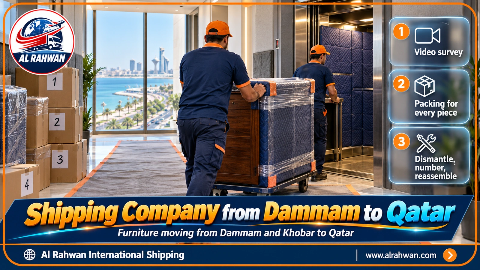 Al Rahwan crew wrapping furniture in a Khobar flat before moving it to Qatar