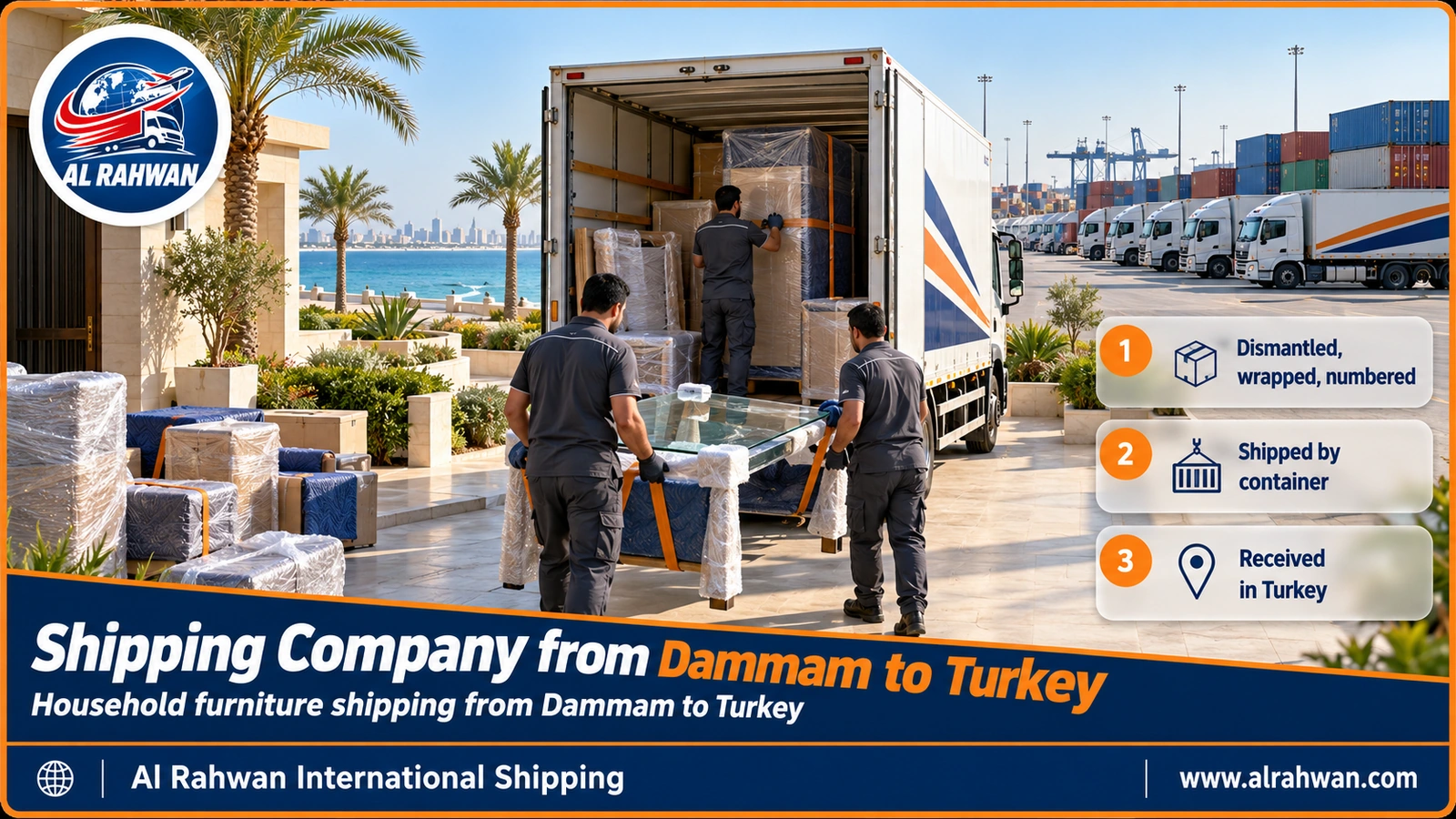 Shipping Company from Dammam to Turkey - workers wrapping a sofa and household furniture inside a moving truck in Dammam before the inland transfer to Jeddah port