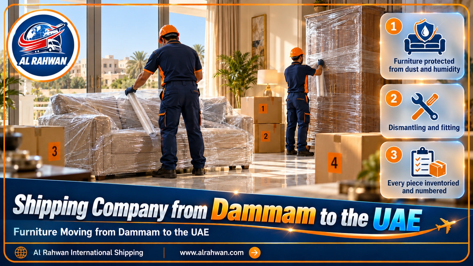 Packing crew preparing villa furniture in Dammam with protective covers before loading