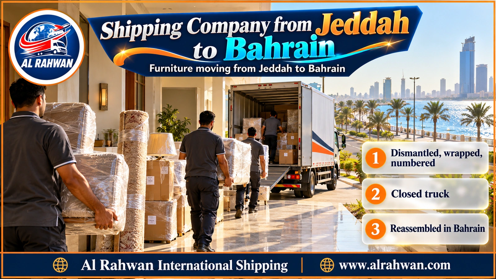 Shipping Company from Jeddah to Bahrain - movers wrapping a sofa in blankets inside a Jeddah flat before it is loaded for Bahrain
