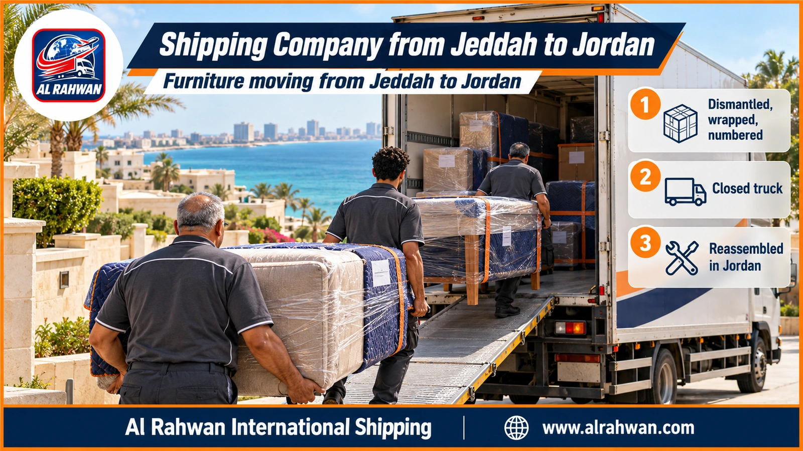 Shipping Company from Jeddah to Jordan - workers carrying a wrapped sofa to a closed moving truck in front of a villa in Jeddah before shipping it to Jordan