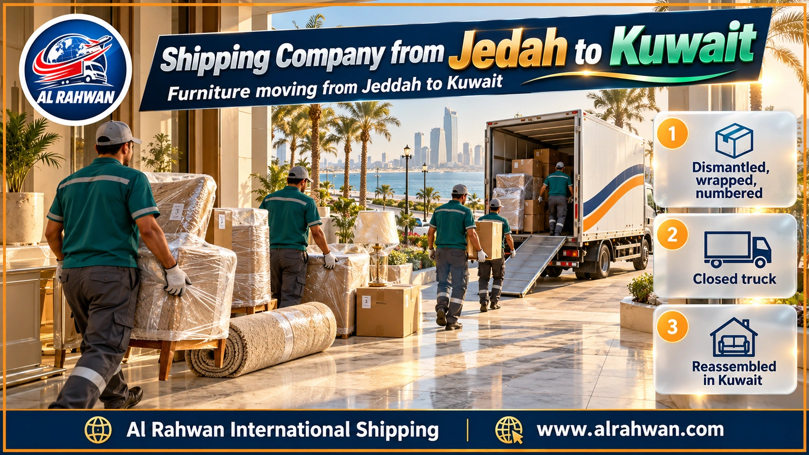 Crew of a shipping company from Jeddah to Kuwait carrying wrapped furniture out of a Jeddah apartment block
