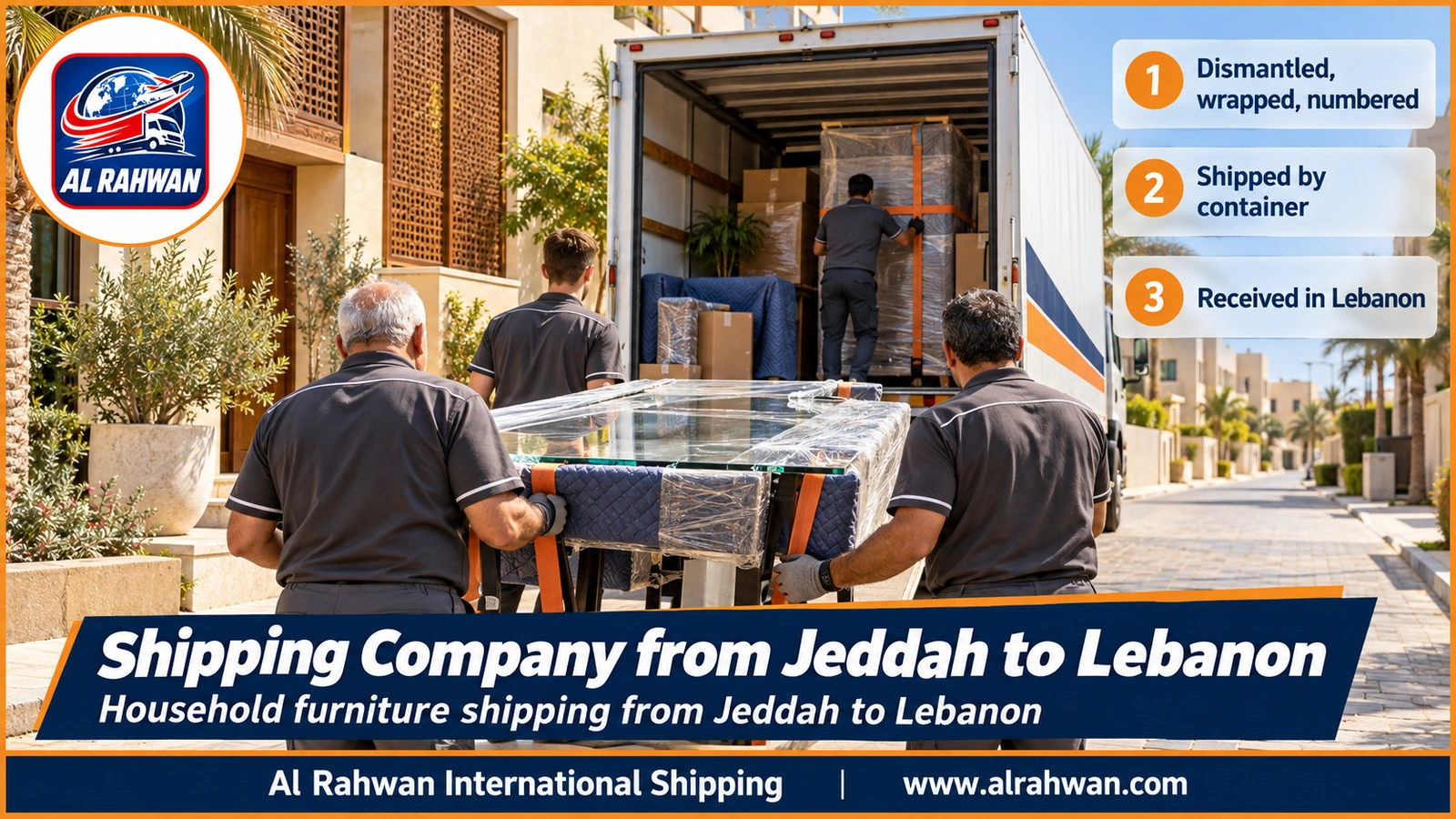 Shipping Company from Jeddah to Lebanon - workers wrapping a sofa and household furniture inside a moving truck before the transfer to Jeddah port