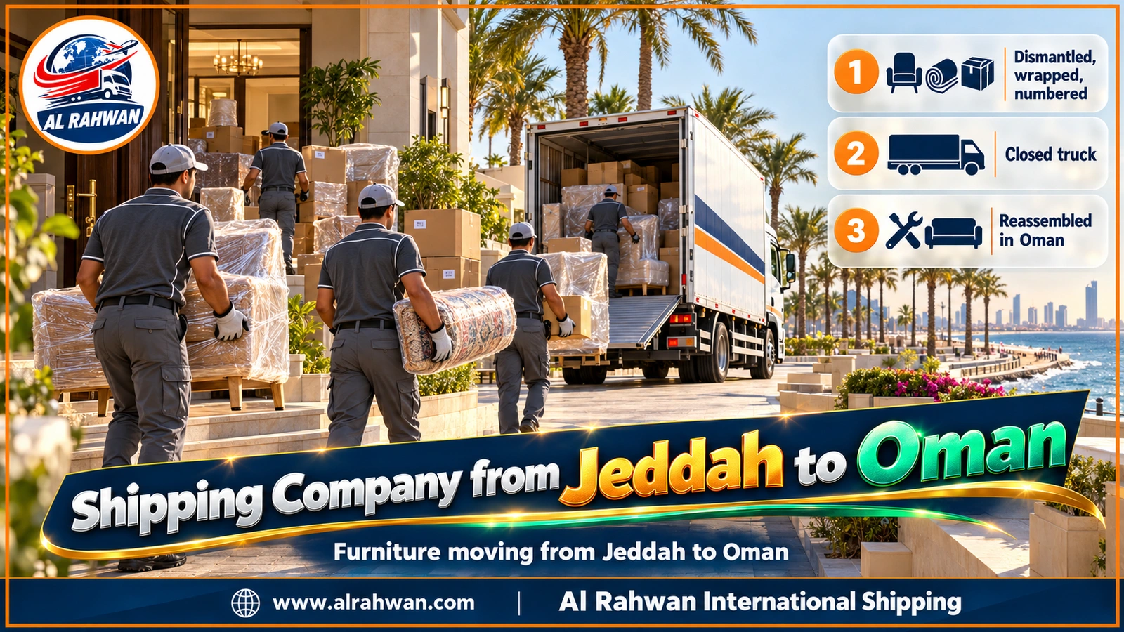 Shipping Company from Jeddah to Oman - Workers wrapping a sofa and dining table in blankets inside a Jeddah flat before loading for Oman