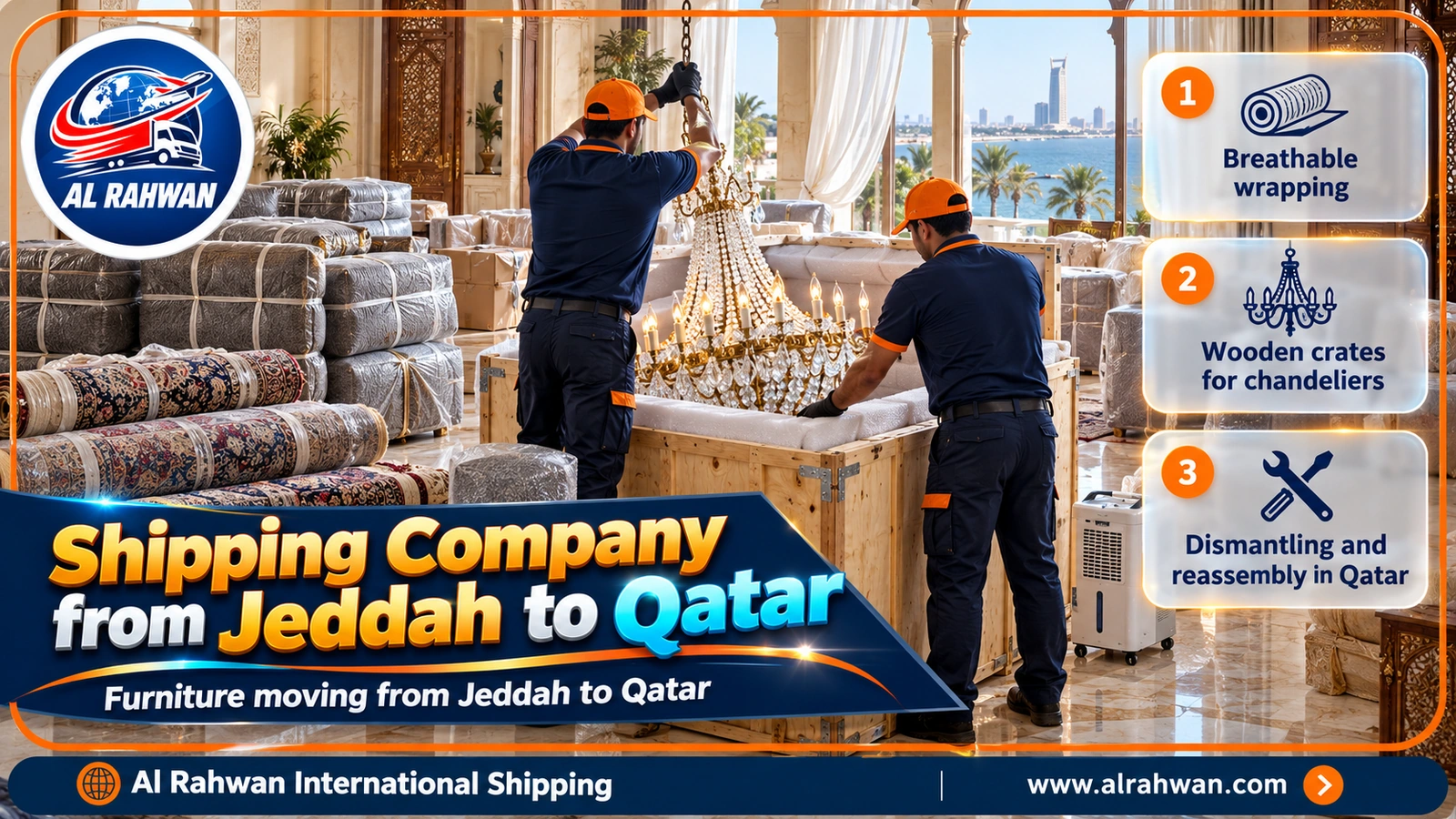 Packing majlis furniture in a Jeddah villa before moving it to Qatar