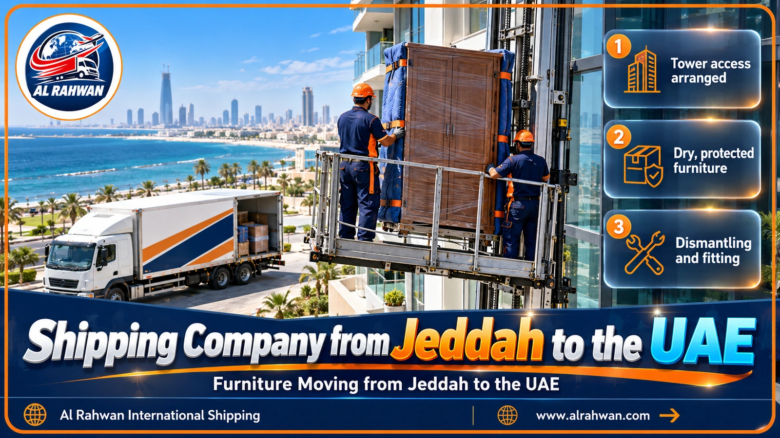 Furniture being loaded from a residential tower in Jeddah for the UAE