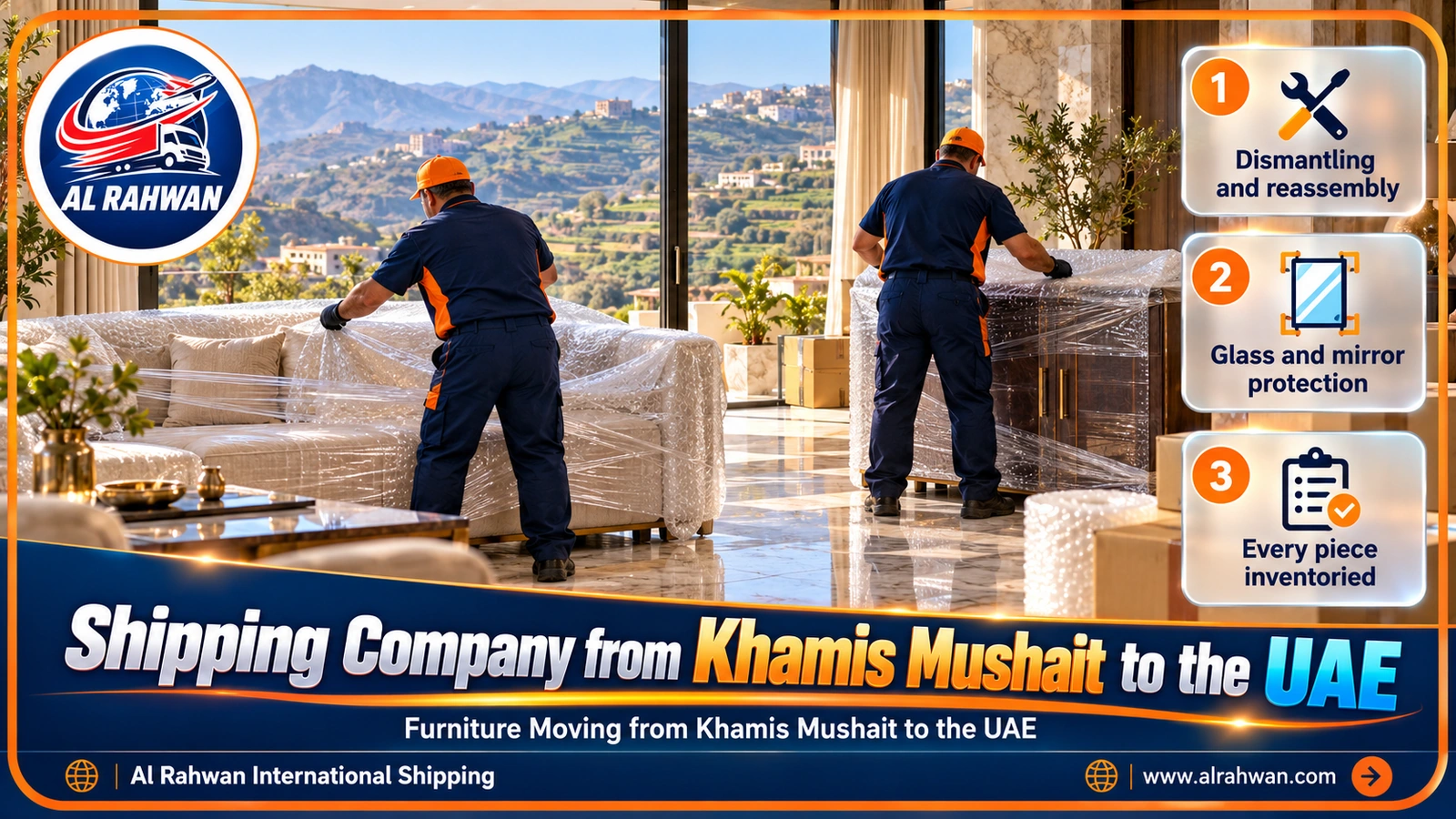 Movers wrapping furniture inside a villa in Khamis Mushait before shipping to the UAE