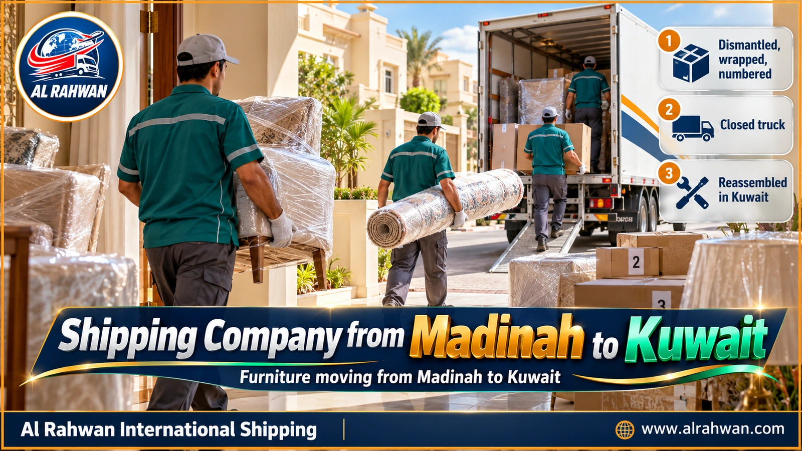 Crew of a shipping company from Madinah to Kuwait carrying wrapped furniture to a closed truck
