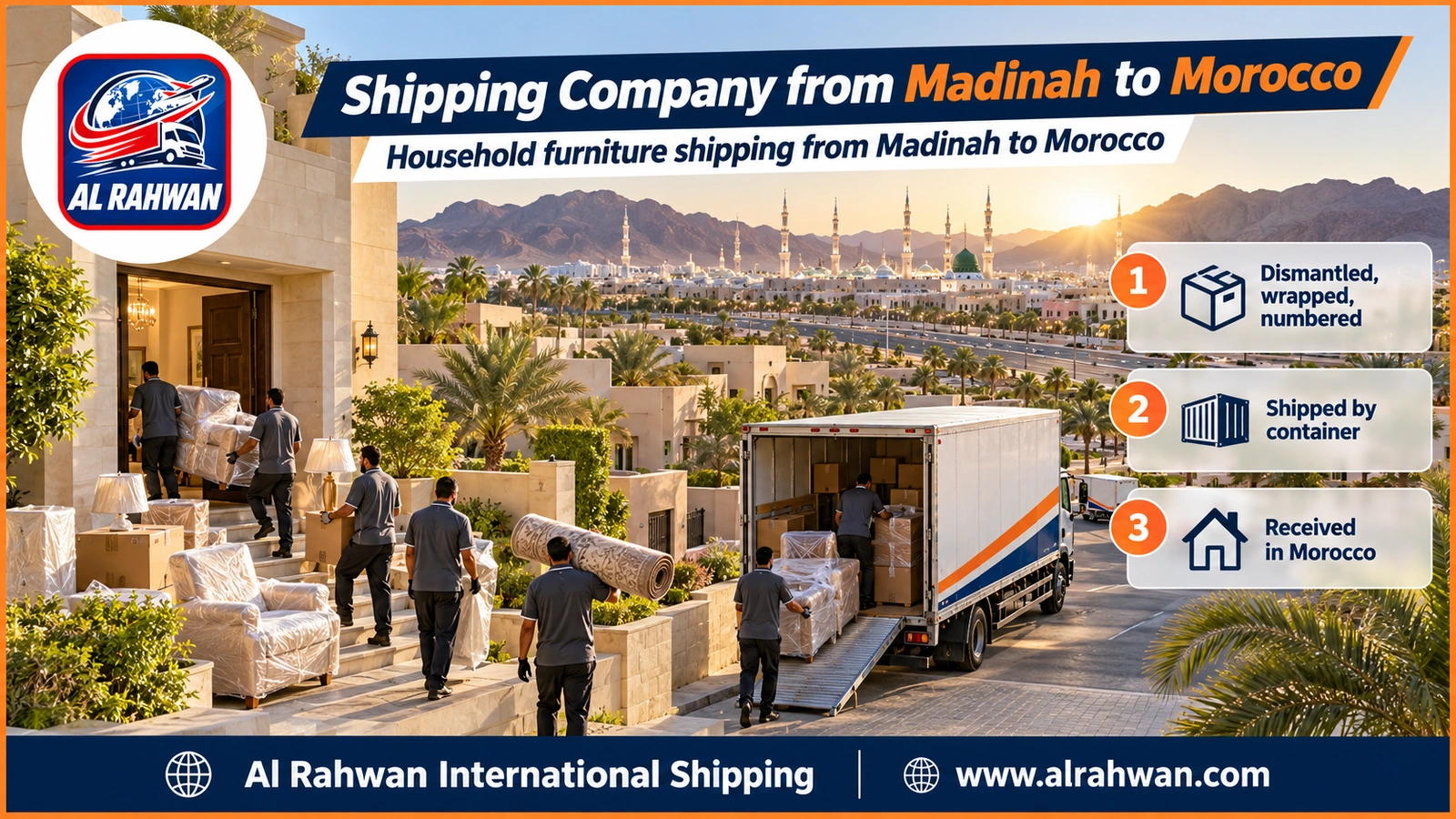 Shipping Company from Madinah to Morocco - workers wrapping household furniture inside a moving truck in Madinah before loading to Jeddah port
