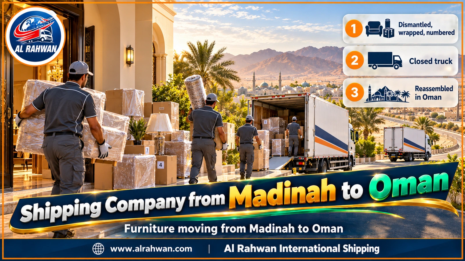 Shipping company from Madinah to Oman - movers wrapping a sofa and dining table inside a Madinah flat before the move to Oman