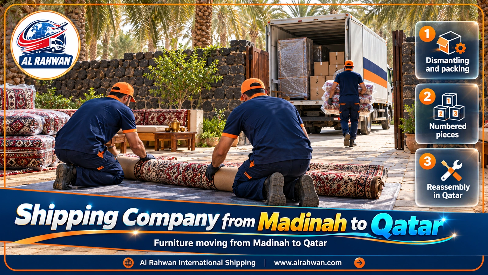 Crew wrapping carpets and majlis seating before moving furniture from Madinah to Qatar