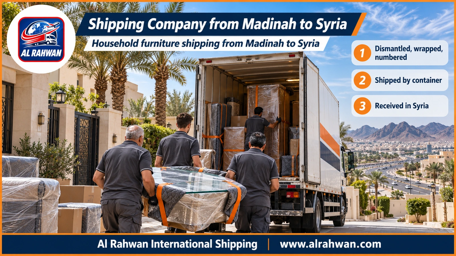 Shipping Company from Madinah to Syria - workers wrapping a sofa and household furniture inside a moving truck in Madinah before transport to Jeddah port