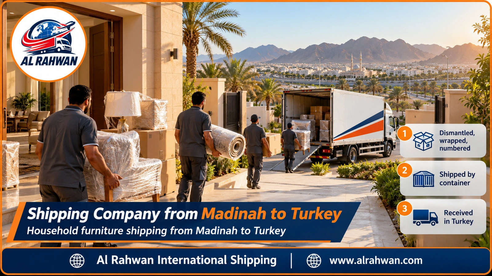Shipping Company from Madinah to Turkey - a moving team wraps and numbers bedroom furniture inside a home in Madinah before transporting it to Jeddah port
