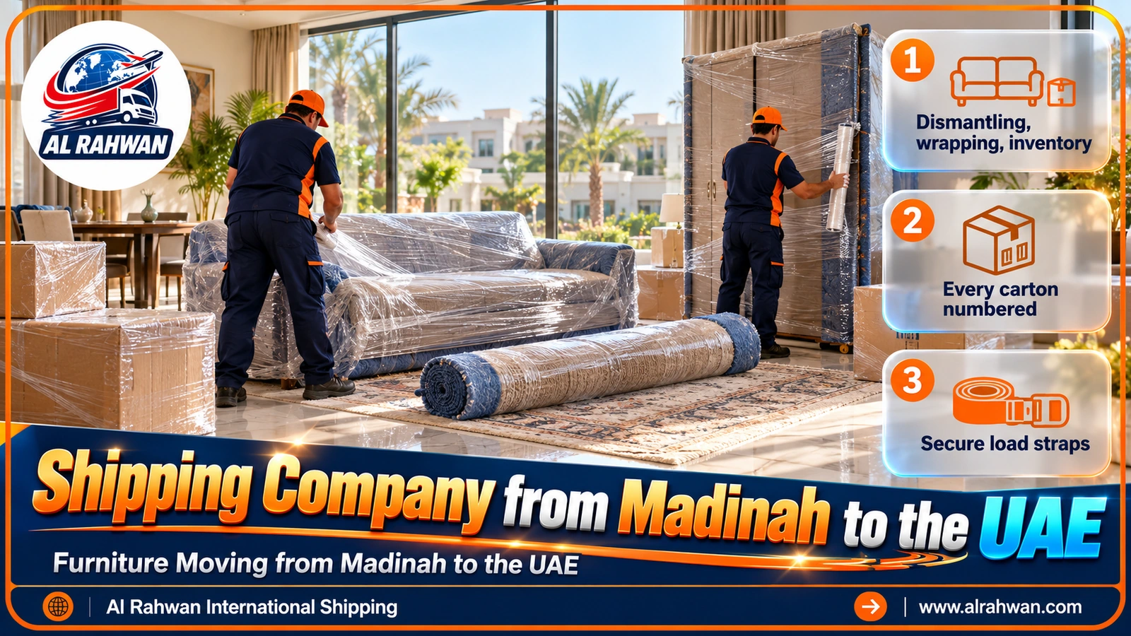 A team wrapping the furniture of a family flat in Madinah in daylight