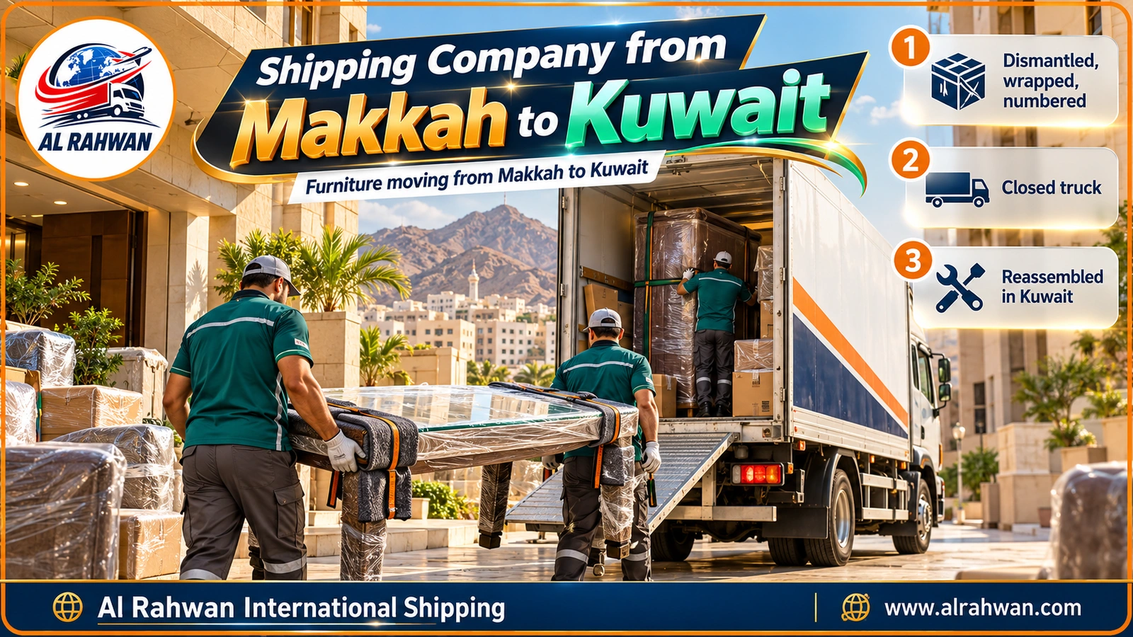 Crew of a shipping company from Makkah to Kuwait carrying a wrapped sofa out of a building in Al Aziziyah